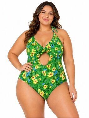 Aerie Women’s XL Green Floral Cutout One Piece Swimsuit Ruffle Halter